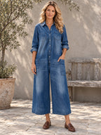 Long Sleeves Loose Buttoned Pockets Solid Color Split-Joint Lapel Jumpsuits - 201868_OL_F1_新增