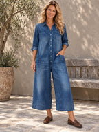 Long Sleeves Loose Buttoned Pockets Solid Color Split-Joint Lapel Jumpsuits - 201868_OL_F3_新增