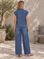 High Waisted Loose Pockets Solid Color Mock Neck Suits Vest Top + Pants Bottom Two Pieces Set - 201910_B1_新增