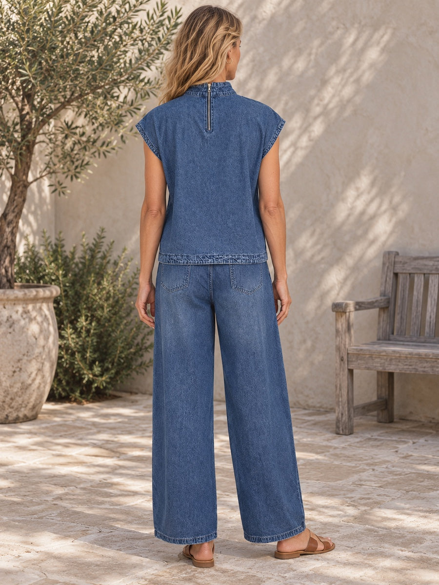 High Waisted Loose Pockets Solid Color Mock Neck Suits Vest Top + Pants Bottom Two Pieces Set - 201910_B1_新增