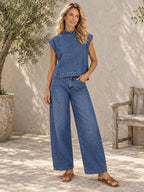 High Waisted Loose Pockets Solid Color Mock Neck Suits Vest Top + Pants Bottom Two Pieces Set - 201910_OL_F3_新增