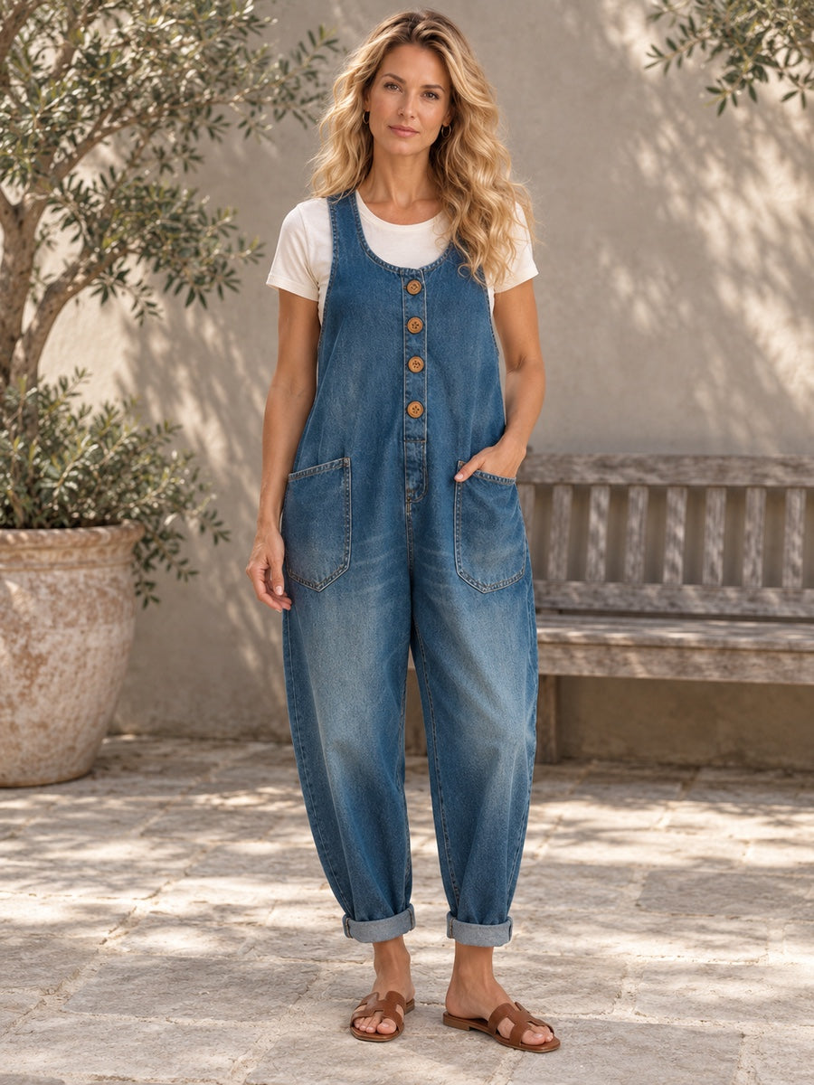 Loose Plus Size Buttoned Pockets Solid Color Split-Joint U-Neck Overalls - 201951_OL_F1_新增