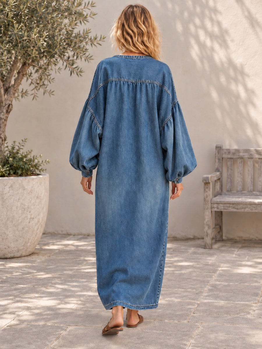 Long Sleeves Loose Buttoned Pockets Solid Color V-Neck Maxi Dresses - 201965_B1_新增
