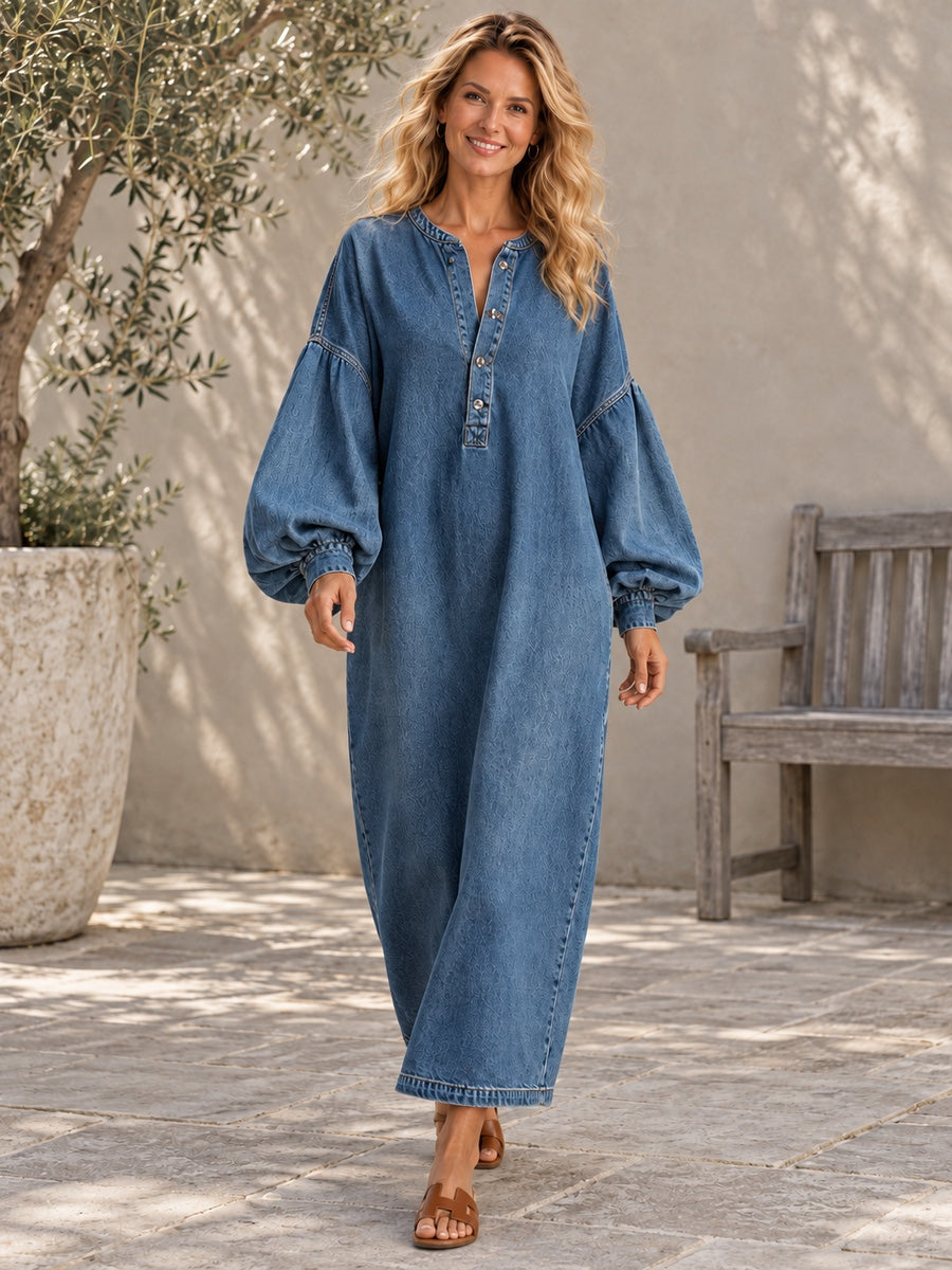 Long Sleeves Loose Buttoned Pockets Solid Color V-Neck Maxi Dresses - 201965_CF_F1_新增
