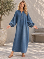 Long Sleeves Loose Buttoned Pockets Solid Color V-Neck Maxi Dresses - 201965_CF_F2_新增