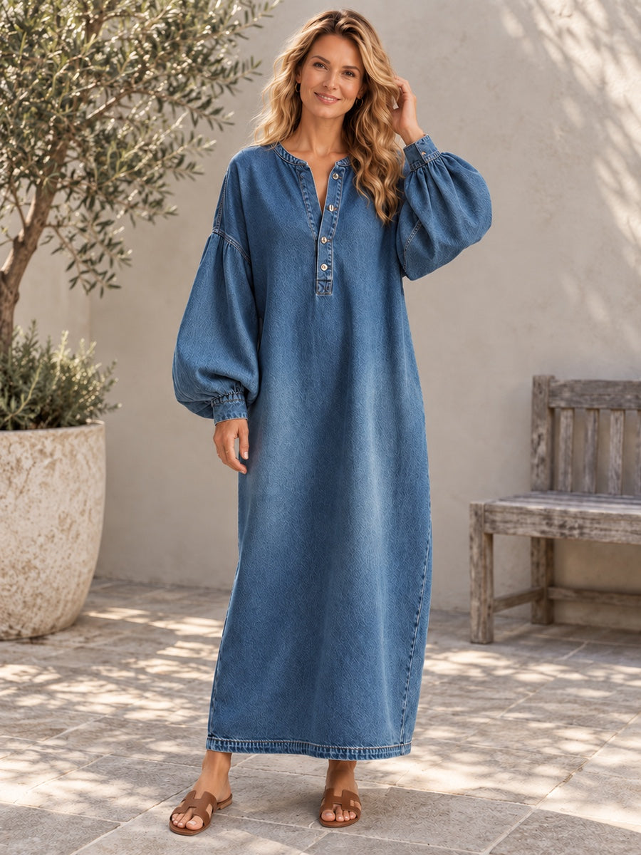 Long Sleeves Loose Buttoned Pockets Solid Color V-Neck Maxi Dresses - 201965_CF_F3_新增
