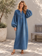 Long Sleeves Loose Buttoned Pockets Solid Color V-Neck Maxi Dresses - 201965_CF_F3_新增