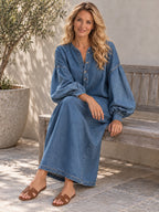 Long Sleeves Loose Buttoned Pockets Solid Color V-Neck Maxi Dresses - 201965_OL_F2_新增