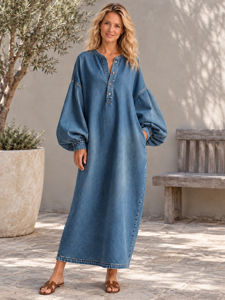 Long Sleeves Loose Buttoned Pockets Solid Color V-Neck Maxi Dresses - 201965_OL_F3_新增