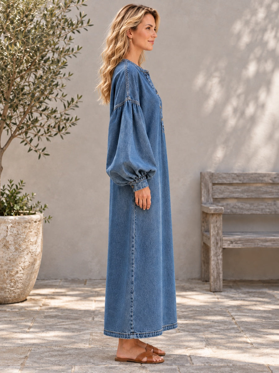 Long Sleeves Loose Buttoned Pockets Solid Color V-Neck Maxi Dresses - 201965_S1_新增