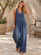 Loose Sleeveless Hollow Pleated Pockets Solid Color Split-Joint Tied Deep V-Neck Jumpsuits - 202154_CF_F3_新增