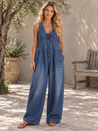 Loose Sleeveless Hollow Pleated Pockets Solid Color Split-Joint Tied Deep V-Neck Jumpsuits - 202154_OL_F1_新增