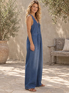 Loose Sleeveless Hollow Pleated Pockets Solid Color Split-Joint Tied Deep V-Neck Jumpsuits - 202154_S1_新增