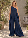 High Waisted Loose Asymmetric Solid Color One-Shoulder Jumpsuits - 202427_OL_F1_新增