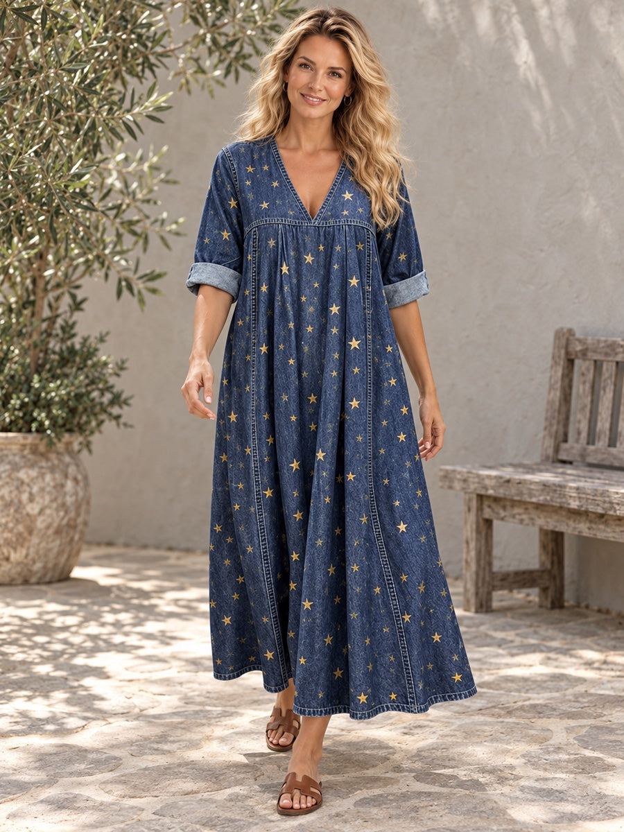A-Line Long Sleeves Pleated Pockets Printed Split-Joint V-Neck Maxi Dresses - 202537_CF_F1_新增