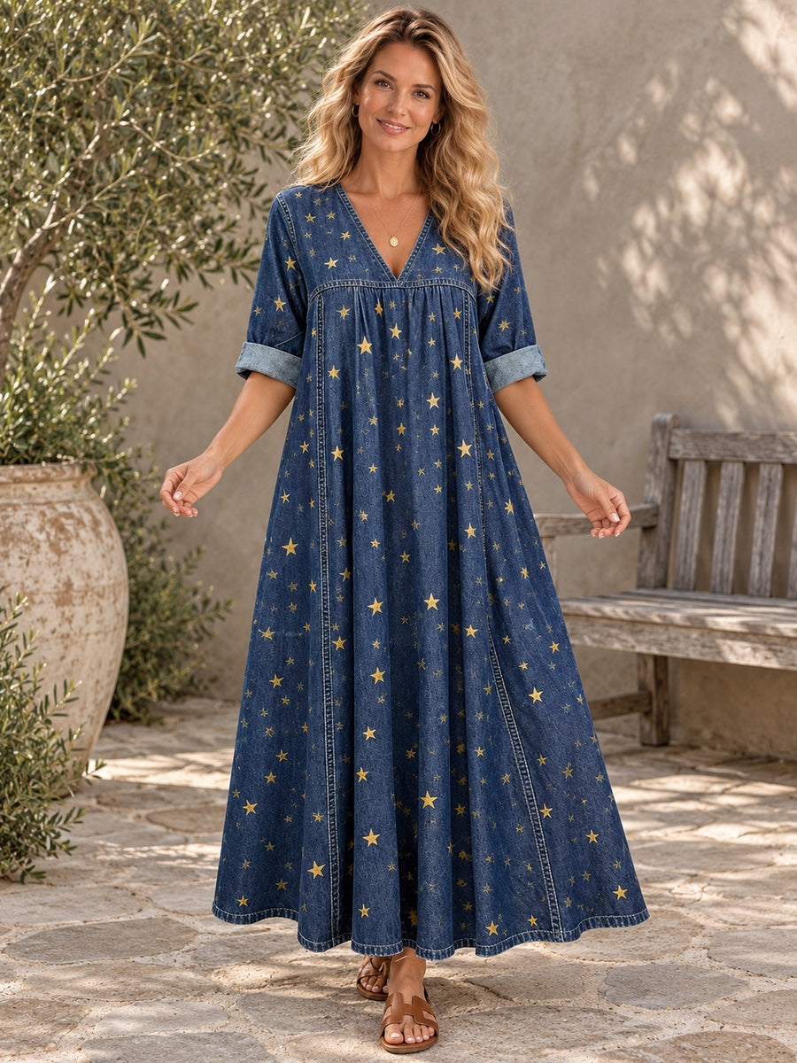 A-Line Long Sleeves Pleated Pockets Printed Split-Joint V-Neck Maxi Dresses - 202537_CF_F2_新增