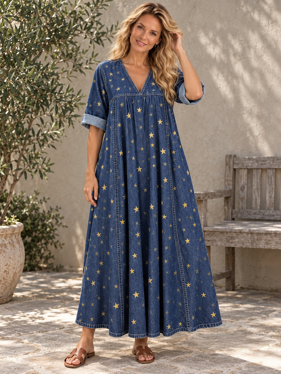 A-Line Long Sleeves Pleated Pockets Printed Split-Joint V-Neck Maxi Dresses - 202537_CF_F3_新增