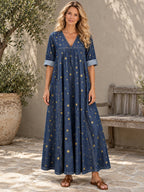 A-Line Long Sleeves Pleated Pockets Printed Split-Joint V-Neck Maxi Dresses - 202537_OL_F1_新增