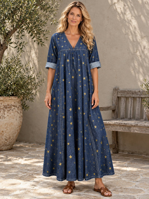 A-Line Long Sleeves Pleated Pockets Printed Split-Joint V-Neck Maxi Dresses - 202537_OL_F1_新增