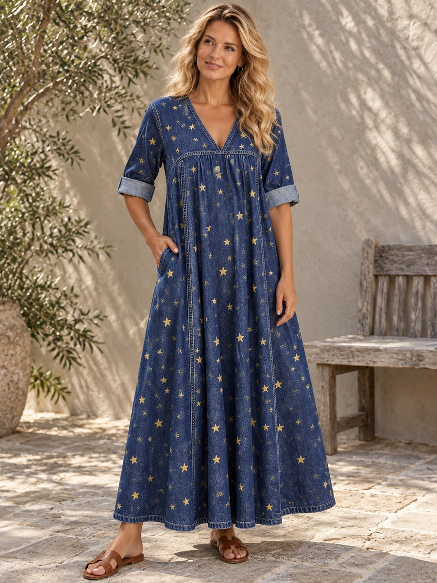 A-Line Long Sleeves Pleated Pockets Printed Split-Joint V-Neck Maxi Dresses - 202537_OL_F3_新增