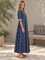 A-Line Long Sleeves Pleated Pockets Printed Split-Joint V-Neck Maxi Dresses - 202537_S1_新增