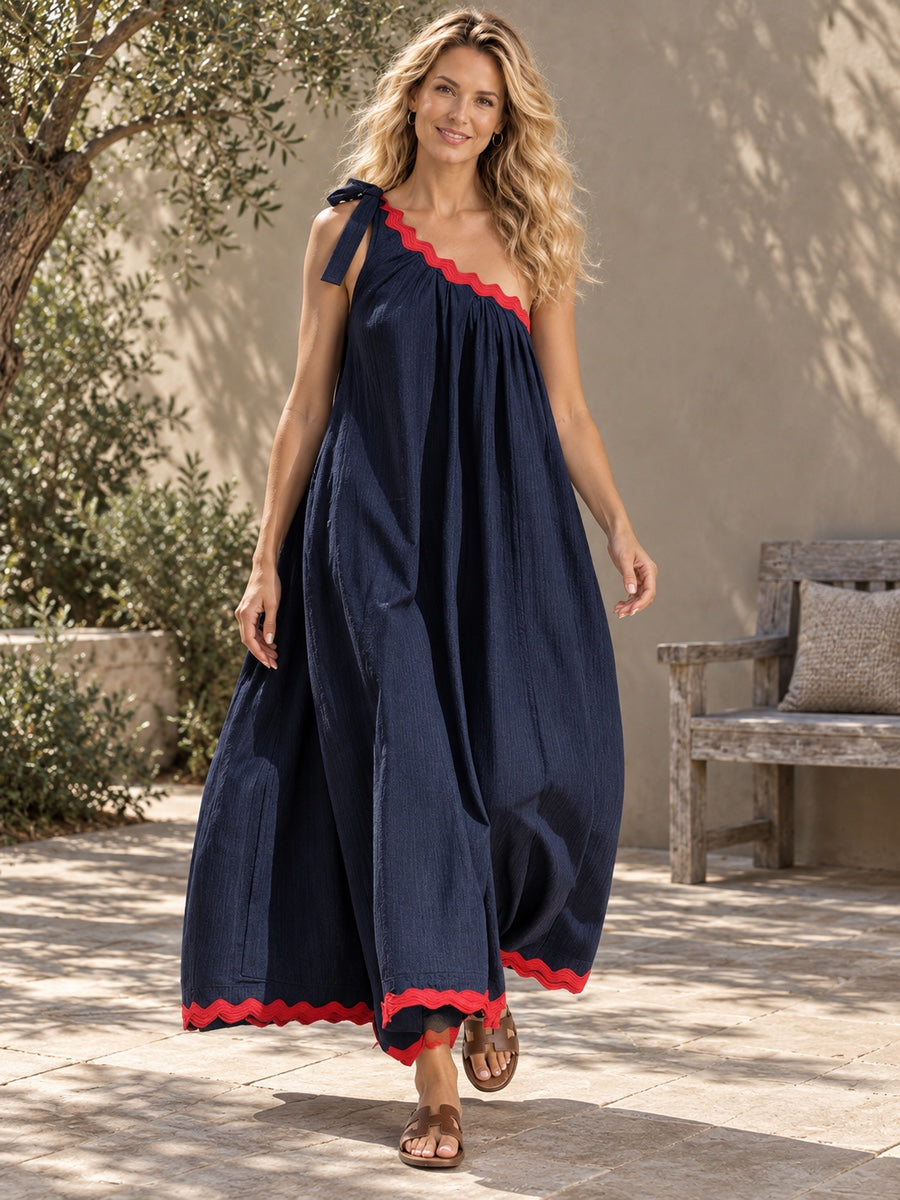 A-Line Loose Pleated Pockets Split-Joint Tied One-Shoulder Maxi Dresses - 203431_CF_F1_新增
