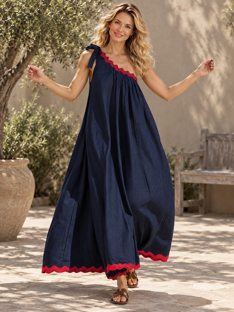 A-Line Loose Pleated Pockets Split-Joint Tied One-Shoulder Maxi Dresses - 203431_CF_F2_新增