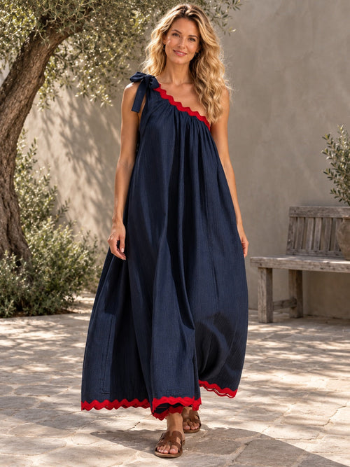 A-Line Loose Pleated Pockets Split-Joint Tied One-Shoulder Maxi Dresses - 203431_OL_F1_新增