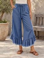 Cropped Wide Leg Drawstring Fringed Ruffled Solid Color Jean Pants Bottoms - 206134_LOWER_新增