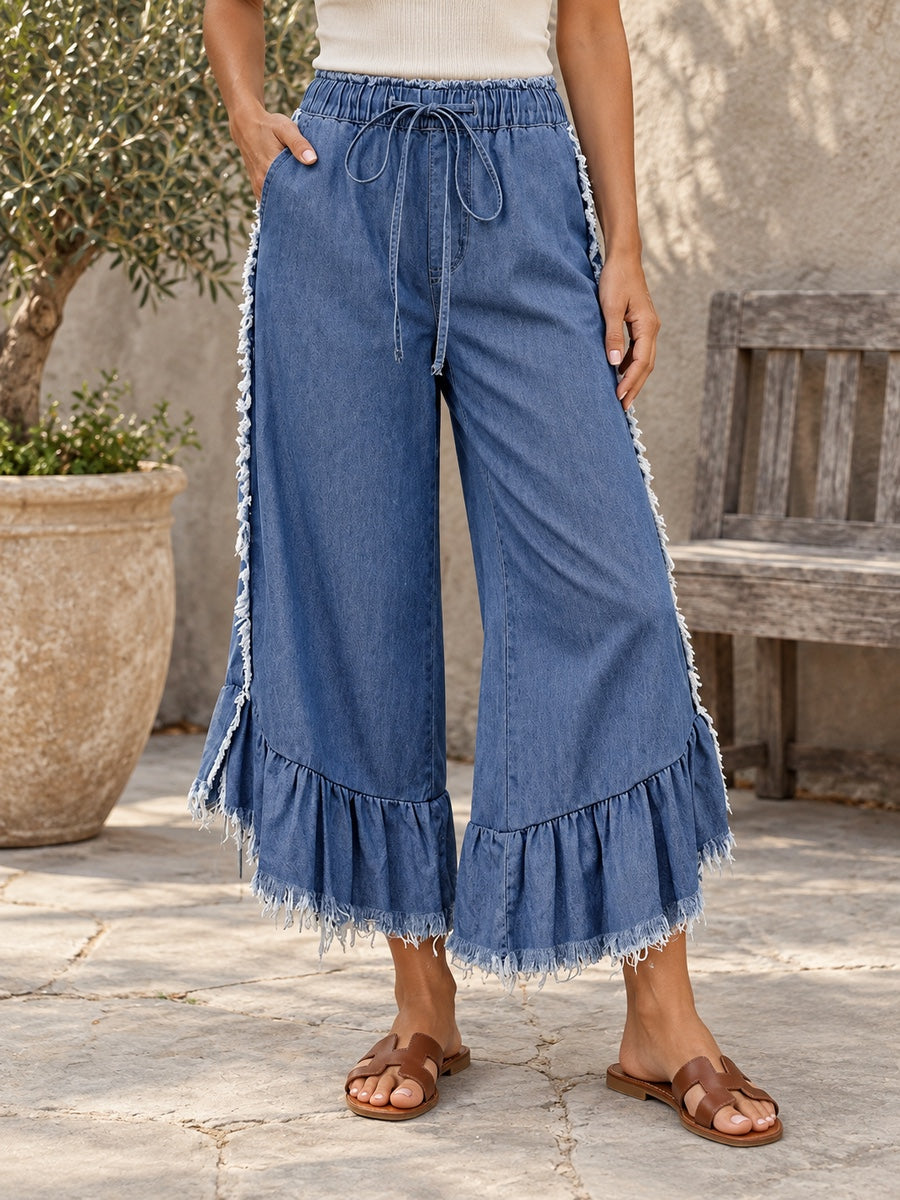 Cropped Wide Leg Drawstring Fringed Ruffled Solid Color Jean Pants Bottoms - 206134_LOWER_新增