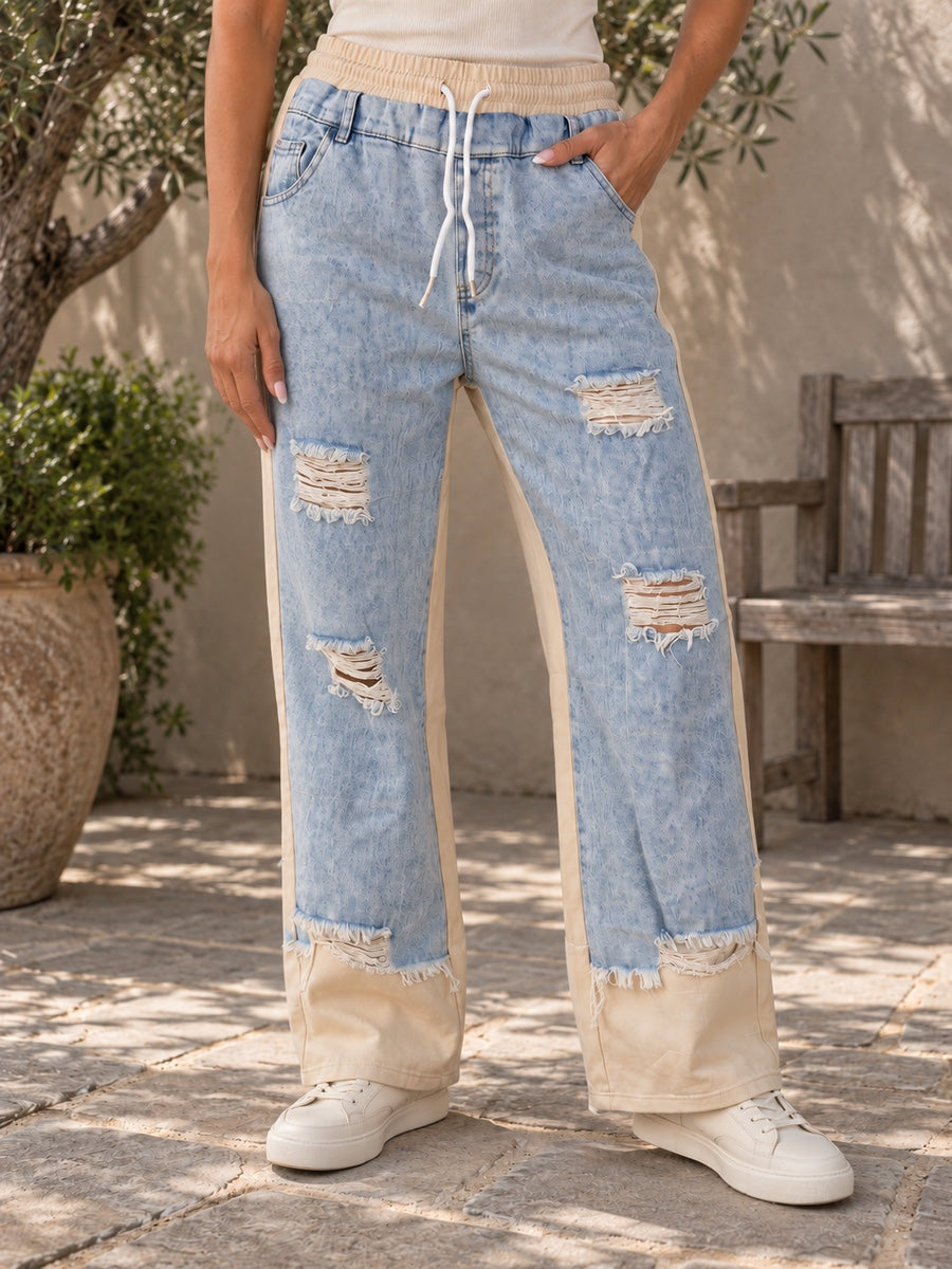 High Waisted Plus Size Contrast Color Drawstring Elasticity Hollow Split-Joint Jean Pants Bottoms - 206891_LOWER_新增