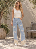 High Waisted Plus Size Contrast Color Drawstring Elasticity Hollow Split-Joint Jean Pants Bottoms - 206891_OL_F1_新增