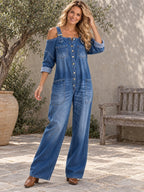 Long Sleeves Loose Buttoned Pockets Solid Color Adjustable Straps Overalls - 207286_CF_F3_新增
