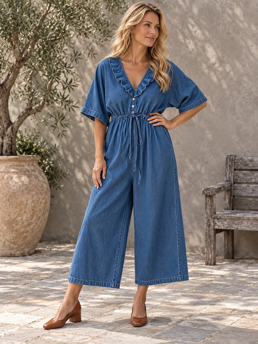 Half Sleeves Loose Buttoned Drawstring Elasticity Pockets Ruffle Trim Solid Color V-neck Jumpsuits - 208915_OL_F3_新增