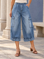 Loose Wide Leg Buttoned Elasticity Pockets Solid Color Cropped Trousers Jean Pants Bottoms - 209912_LOWER_新增