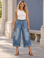 Loose Wide Leg Buttoned Elasticity Pockets Solid Color Cropped Trousers Jean Pants Bottoms - 209912_OL_F1_新增