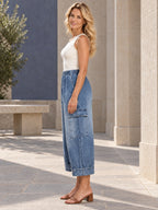 Loose Wide Leg Buttoned Elasticity Pockets Solid Color Cropped Trousers Jean Pants Bottoms - 209912_S1_新增