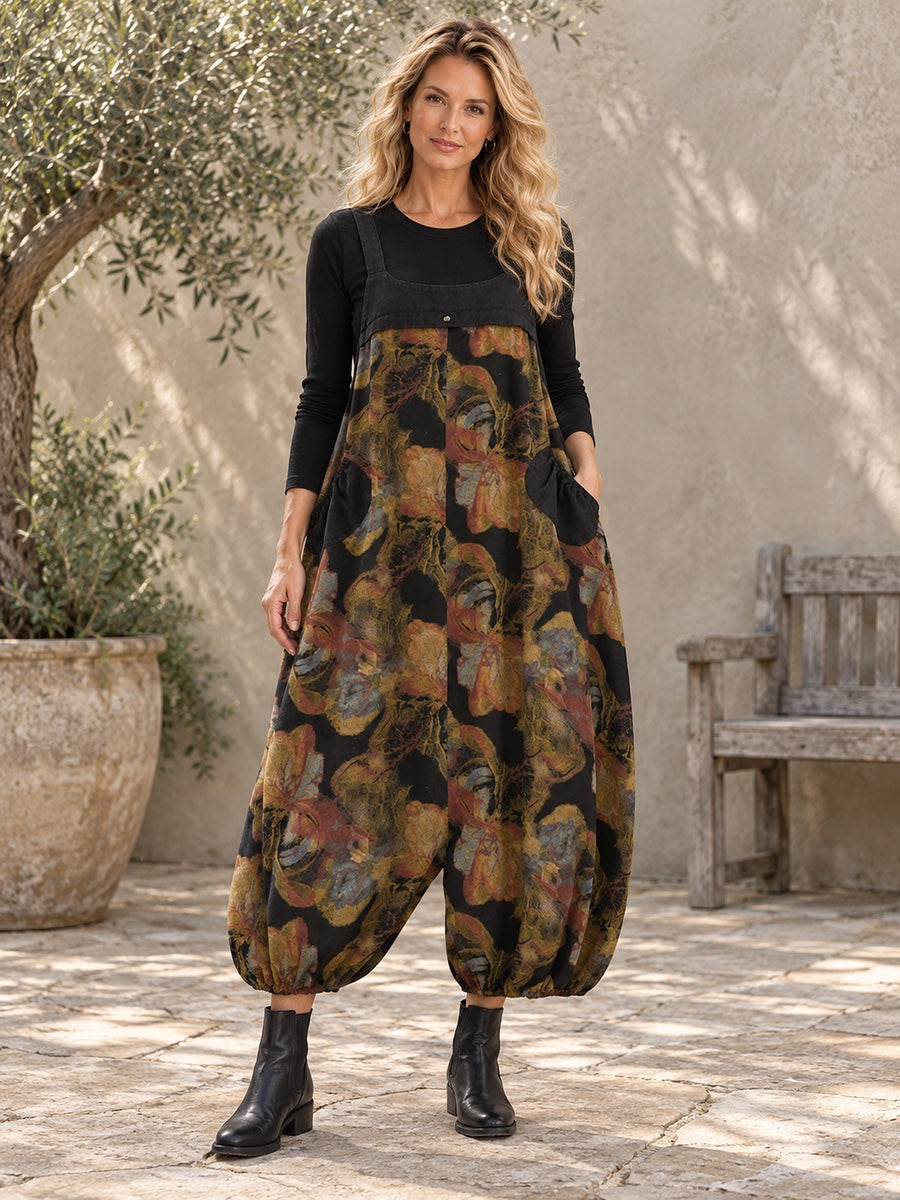Loose Sleeveless Floral Printed Square-neck Overalls - 98168_OL_F1_新增