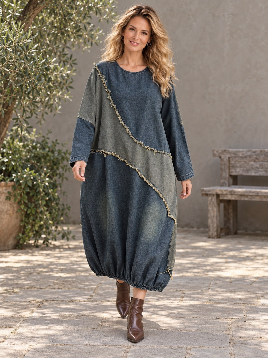 Long Sleeves Loose Contrast Color Split-Joint Round-neck Maxi Dresses Midi Dresses - 98170_CF_F1_新增