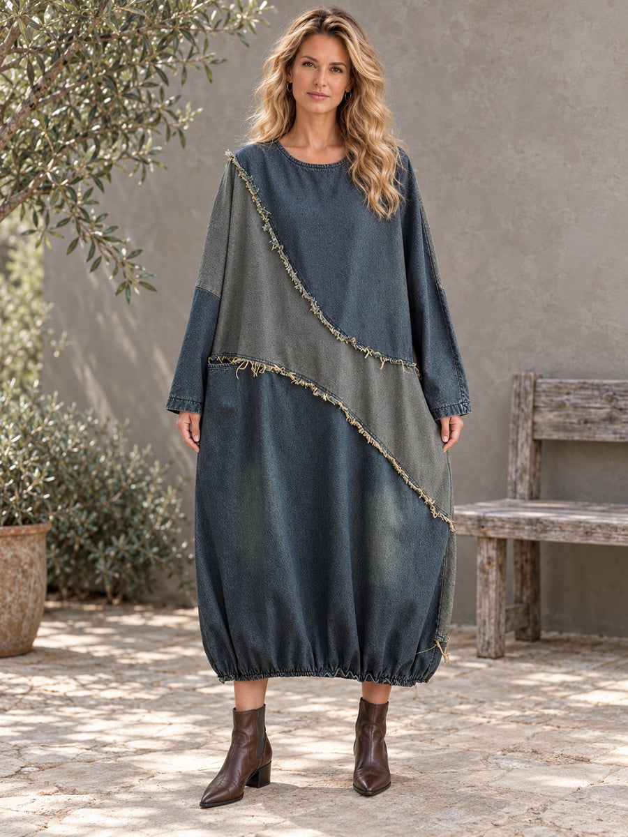 Long Sleeves Loose Contrast Color Split-Joint Round-neck Maxi Dresses Midi Dresses - 98170_OL_F1_新增