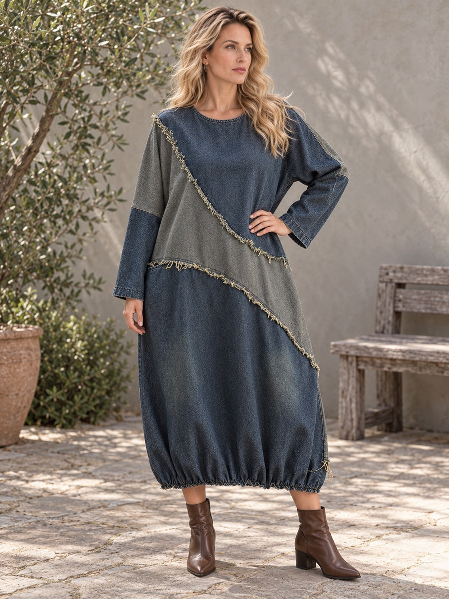 Long Sleeves Loose Contrast Color Split-Joint Round-neck Maxi Dresses Midi Dresses - 98170_OL_F3_新增