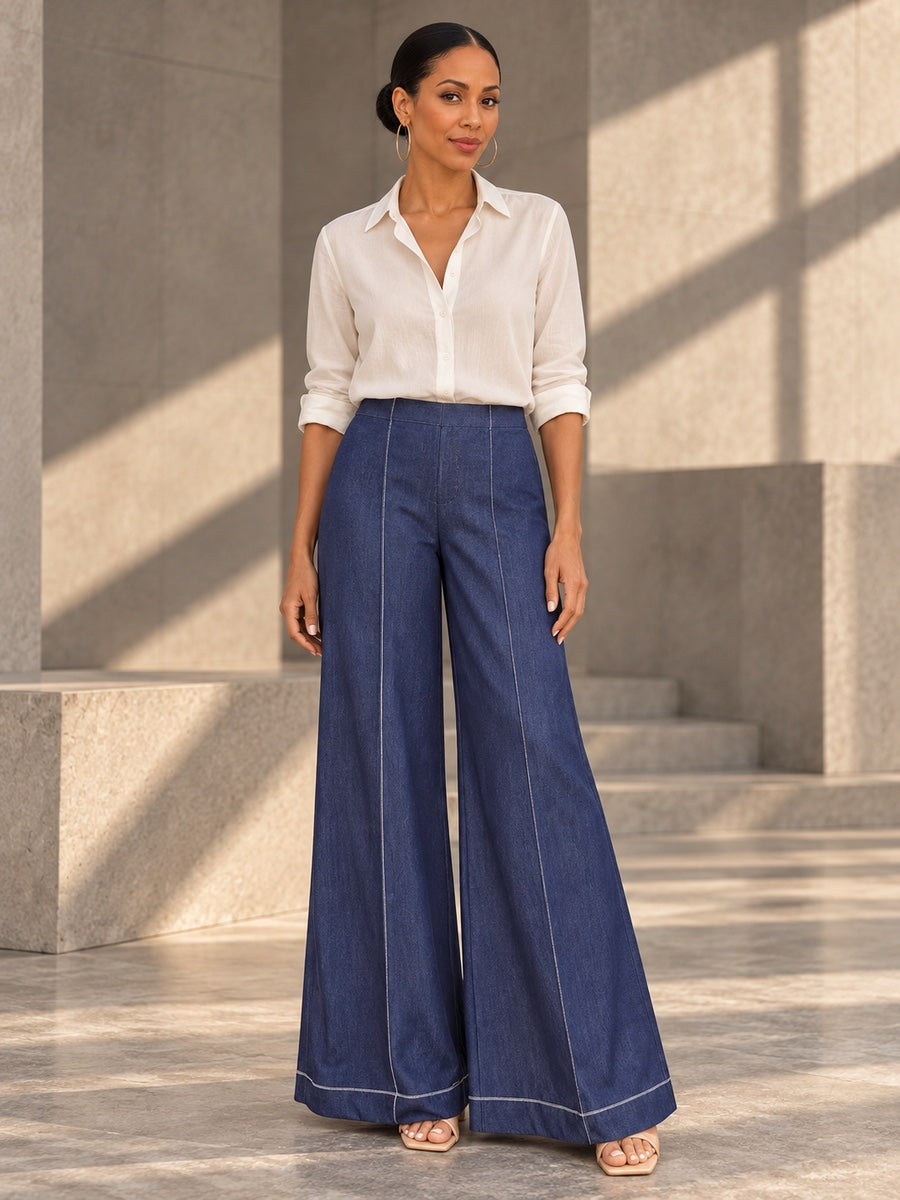 High Waisted Loose Elasticity Pockets Solid Color Jean Pants Bottoms Trousers - 182665_OL_F1_v20261008