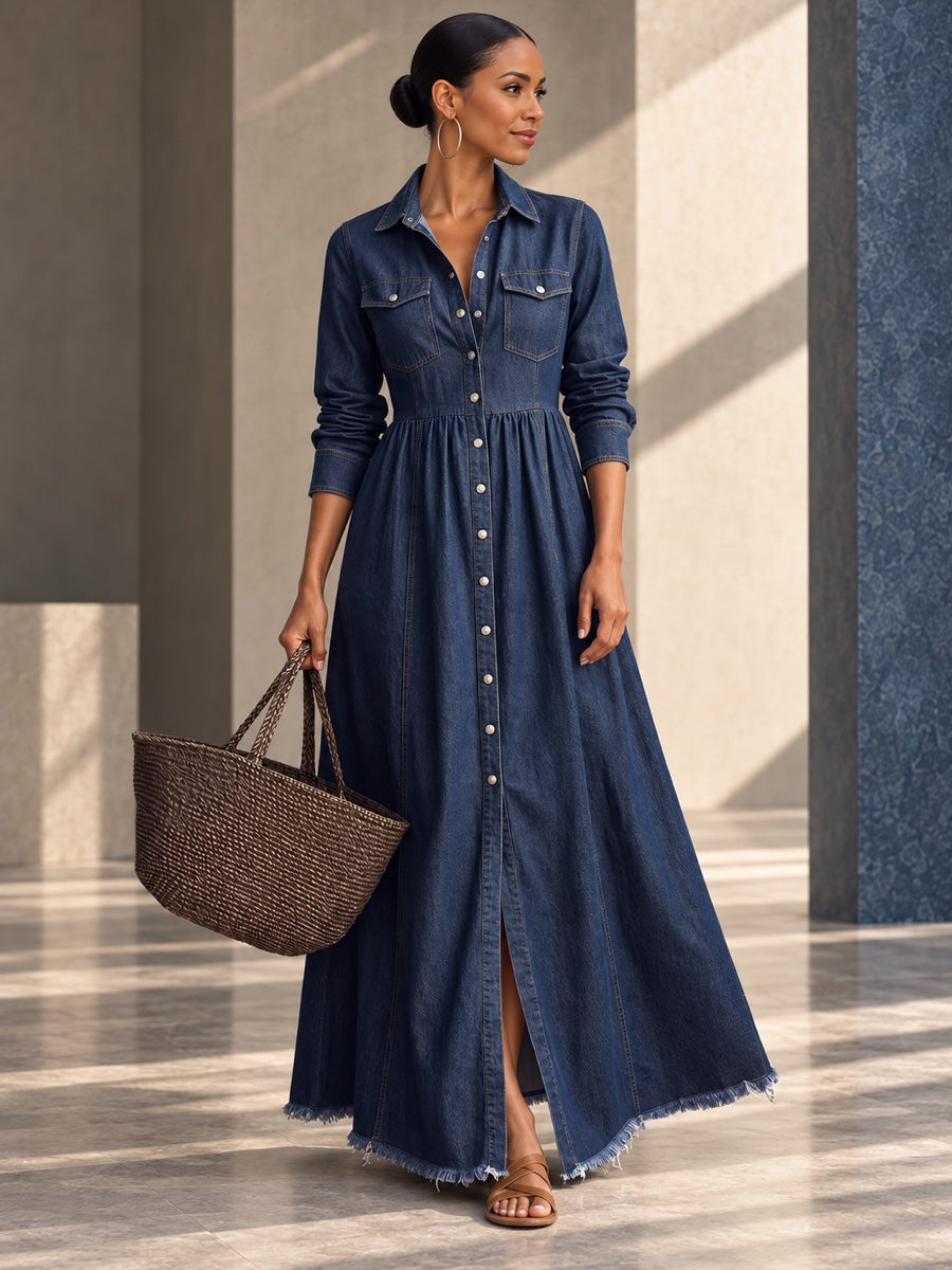 A-line Long Sleeves Buttoned Pleated Pockets Solid Color Split-Joint Lapel Maxi Dresses - 209470_用户指定保留_900x1200
