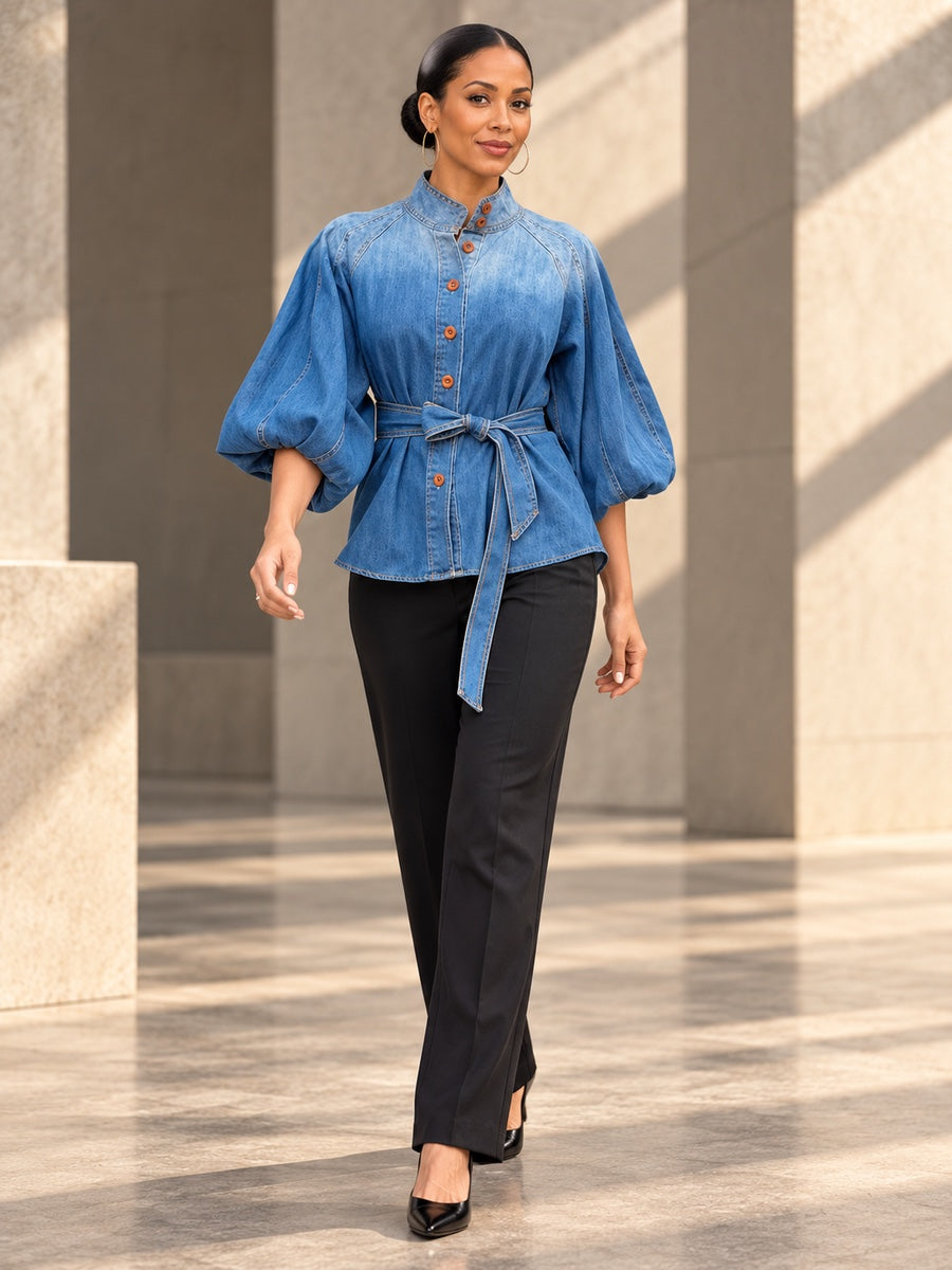 Half Sleeves Puff Sleeves Buttoned Gradient Tied Waist Stand Collar Blouses&Shirts Tops - 180632_CF_F1_v20261008