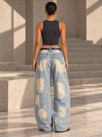 High Waisted Wide Leg Asymmetric Buttoned Contrast Color Jacquard Pockets Split-Joint Streamer Jean Pants Bottoms - 207026_B1_v02