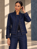 Cropped Long Sleeves Buttoned Hollow Solid Color Stand Collar Outerwear - 205700_CF_F2_v01