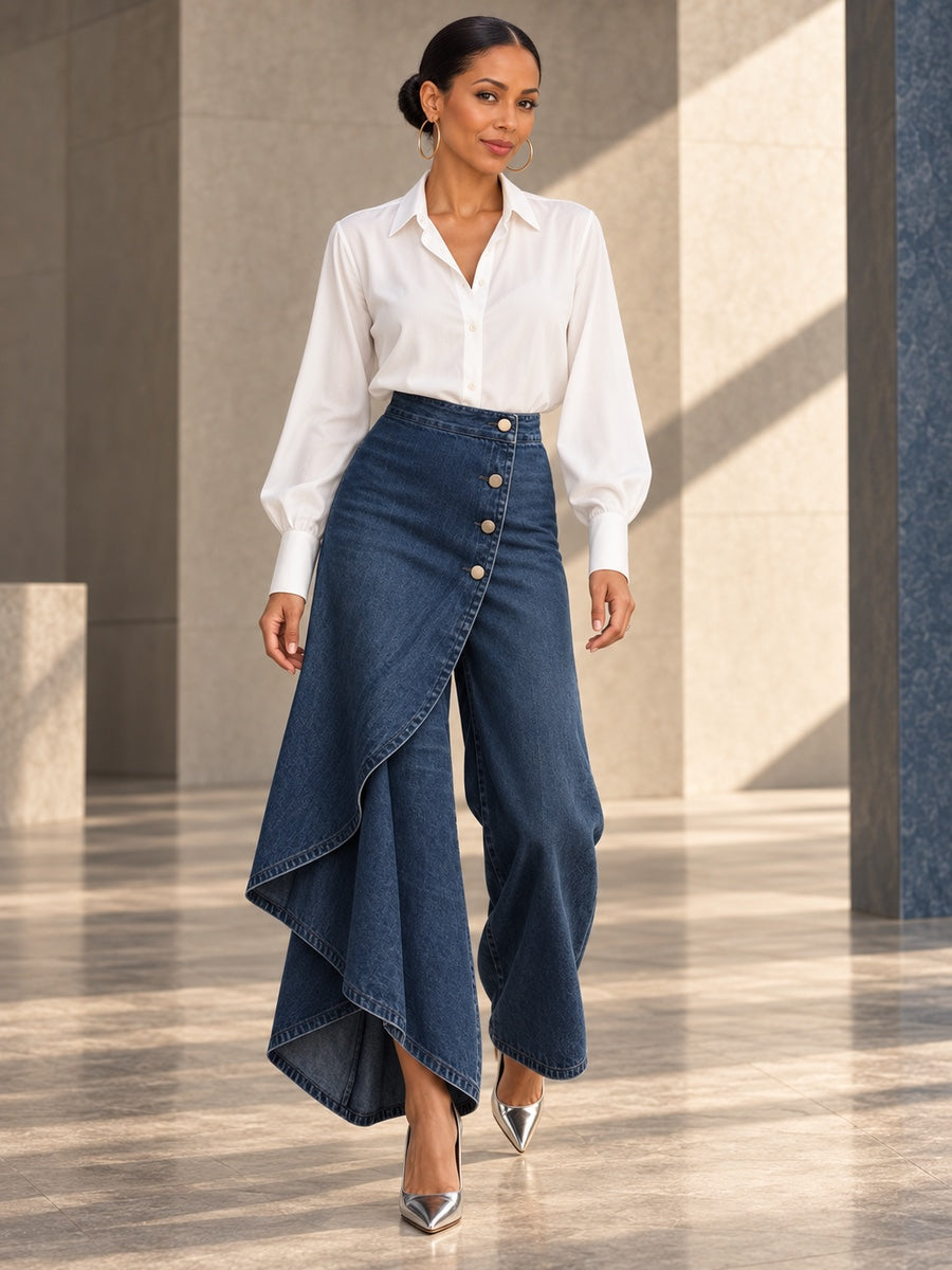 High Waisted Irregularity Buttoned Layered Pockets Solid Color Split-Joint Jean Pants Bottoms - 201901_CF_F1_v20261008