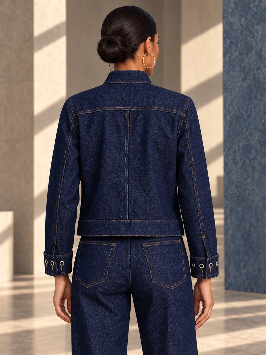 Cropped Long Sleeves Buttoned Hollow Solid Color Stand Collar Outerwear - 205700_B1_v01