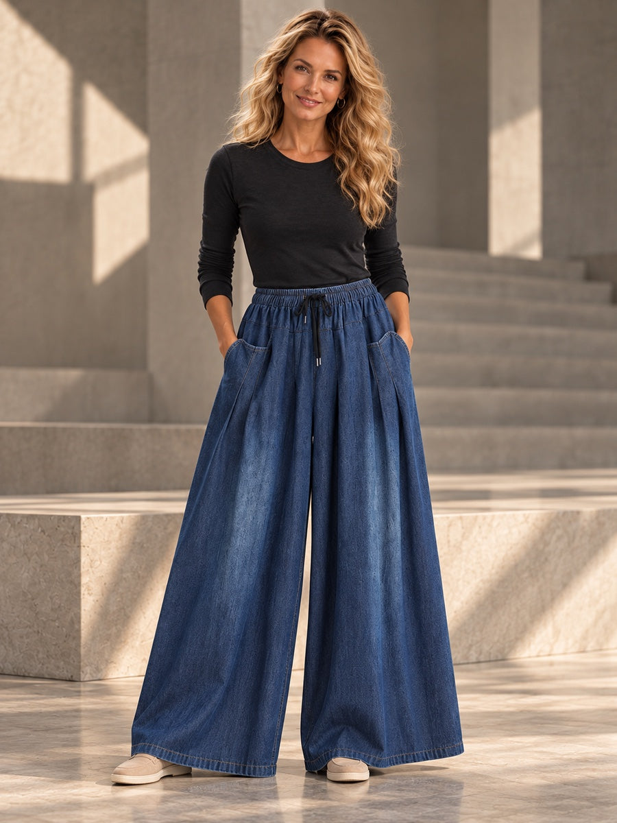 High Waisted Loose Drawstring Elasticity Pleated Pockets Jean Pants Bottoms - 177223_OL_F1_v20261008