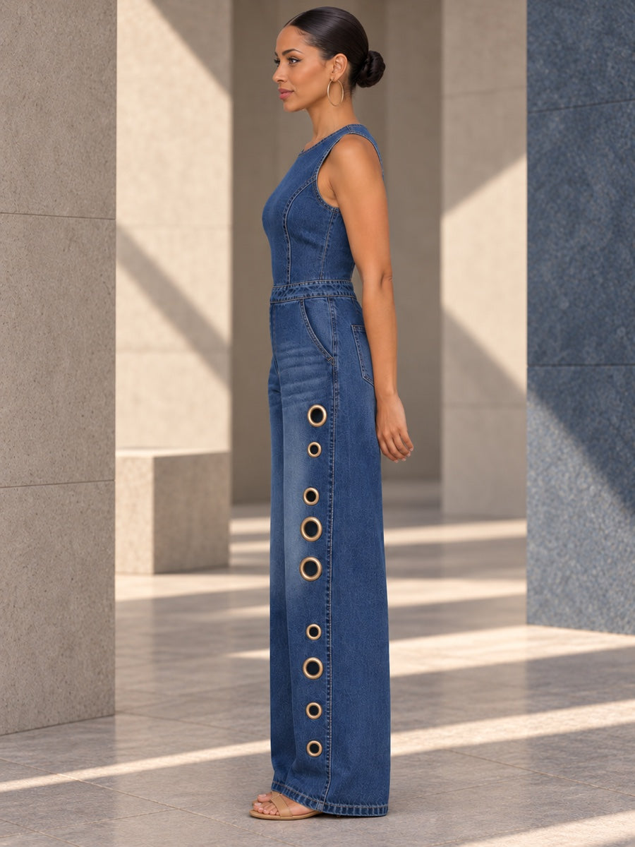 High Waisted Loose Geometric Hollow Pockets Solid Color Split-Joint Round-Neck Jumpsuits - 202423_S1_v01